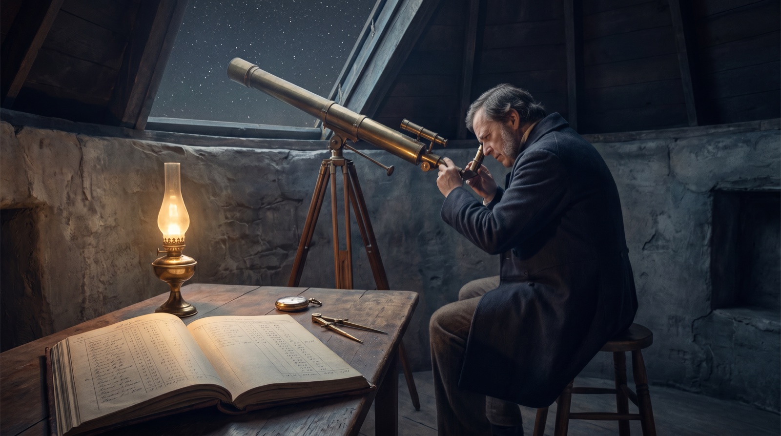 Königsberg, 1838. An AI’s idea of Bessel at the heliometer; there is no photograph of the moment, and this is not one.