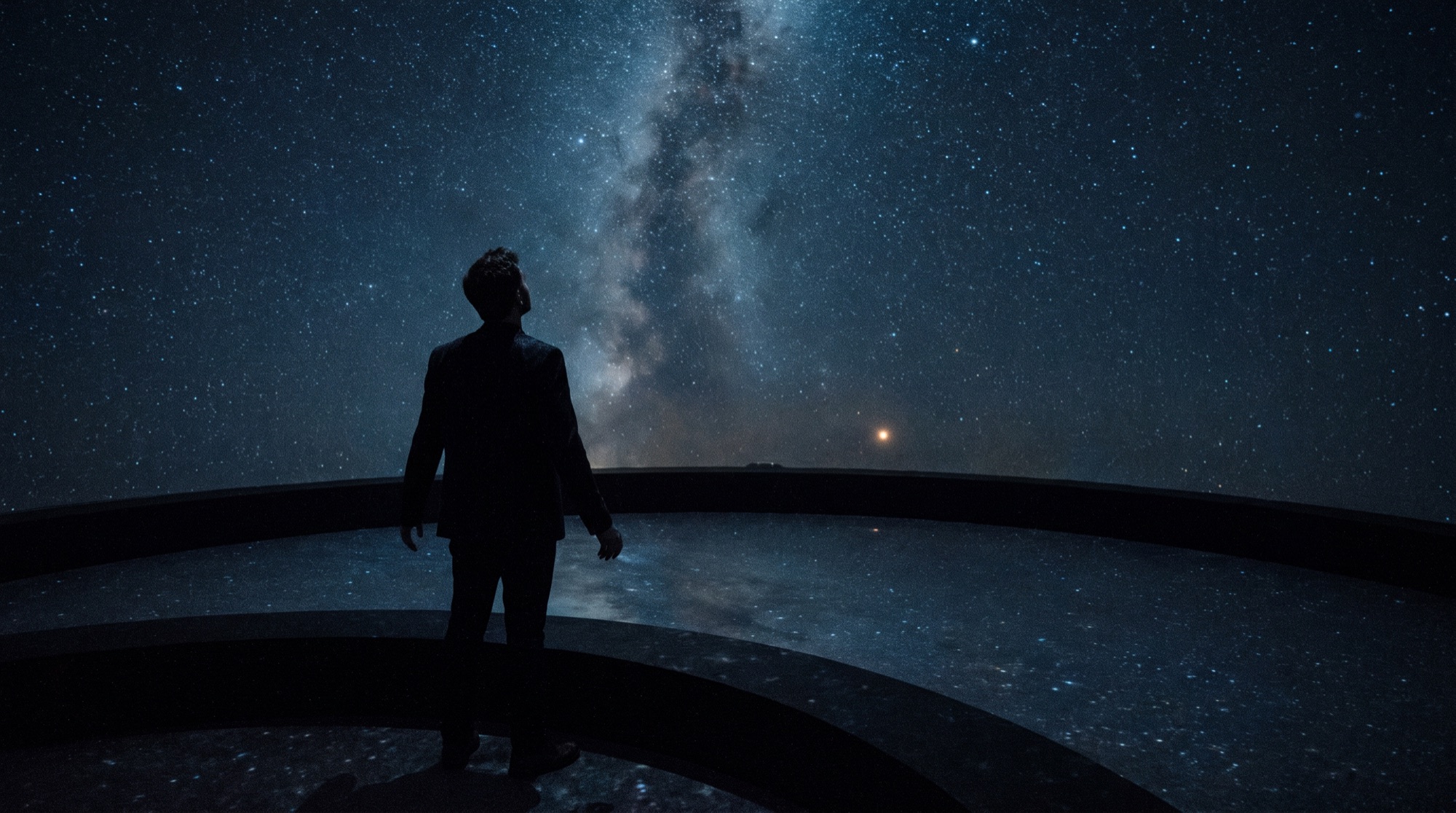 A figure standing inside a projected field of stars